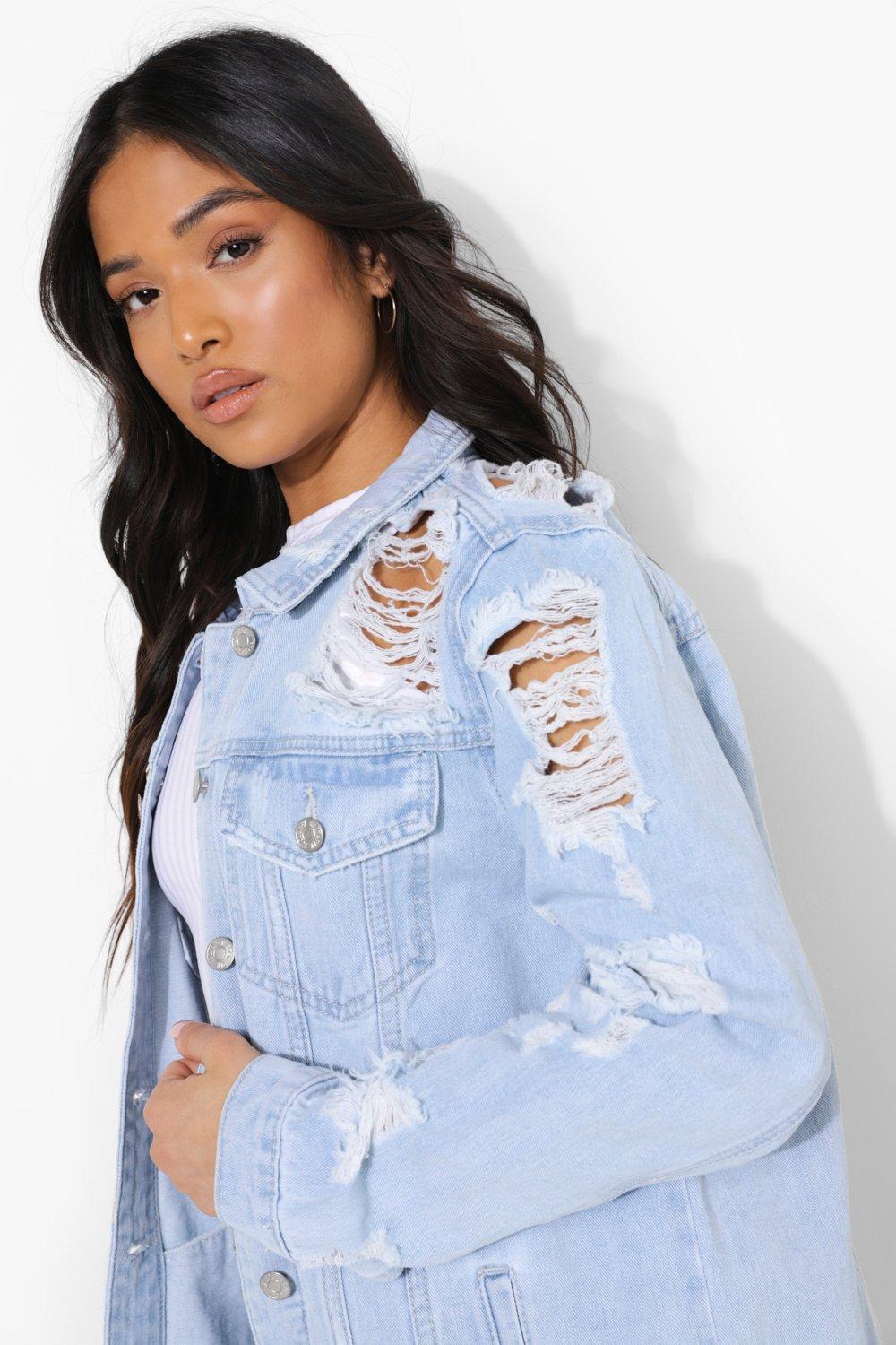 Bleach wash ripped denim hot sale jacket